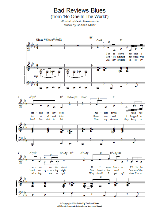 Charles Miller & Kevin Hammonds Bad Reviews Blues (from No One In The World) sheet music notes and chords arranged for Easy Piano