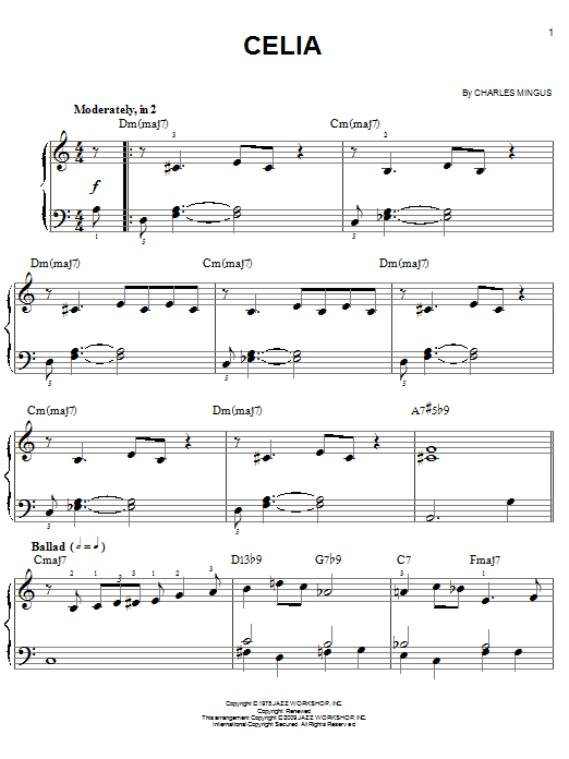 Charles Mingus Celia sheet music notes and chords arranged for Easy Piano