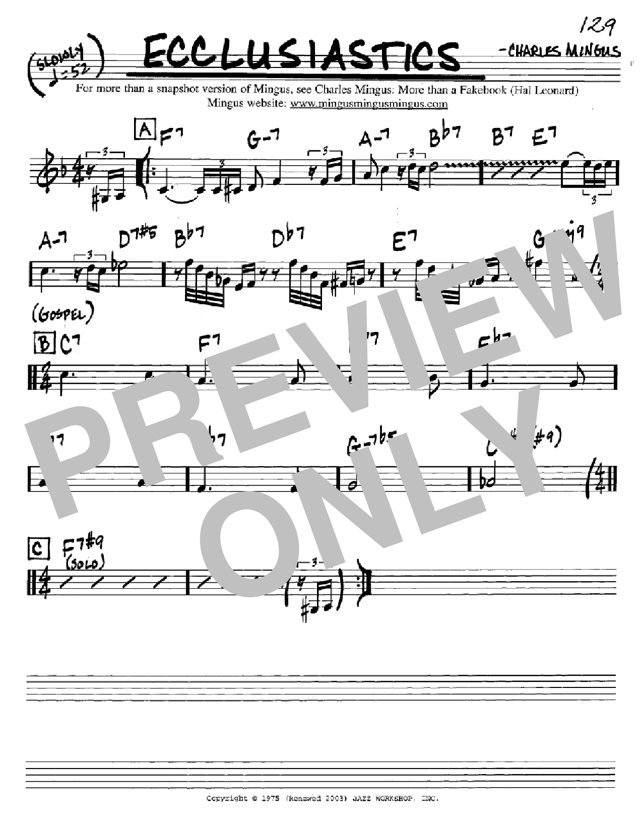 Charles Mingus Ecclusiastics sheet music notes and chords arranged for Real Book – Melody & Chords – Bass Clef Instruments