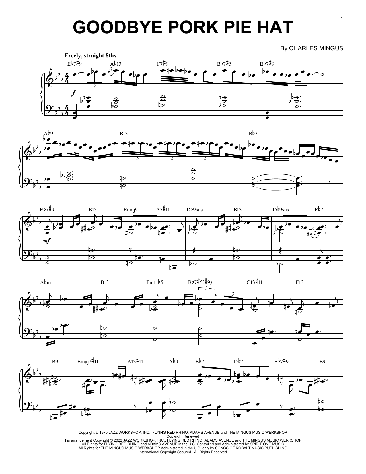 Charles Mingus Goodbye Pork Pie Hat [Jazz version] (arr. Brent Edstrom) sheet music notes and chords arranged for Piano Solo