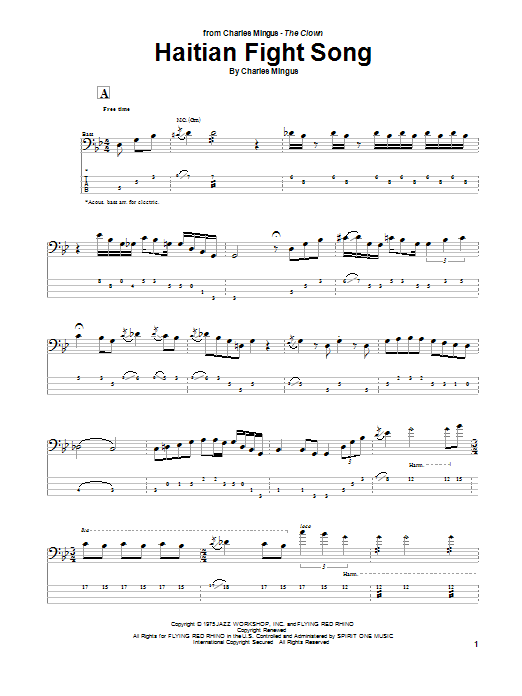 Charles Mingus Haitian Fight Song sheet music notes and chords arranged for Bass Guitar Tab