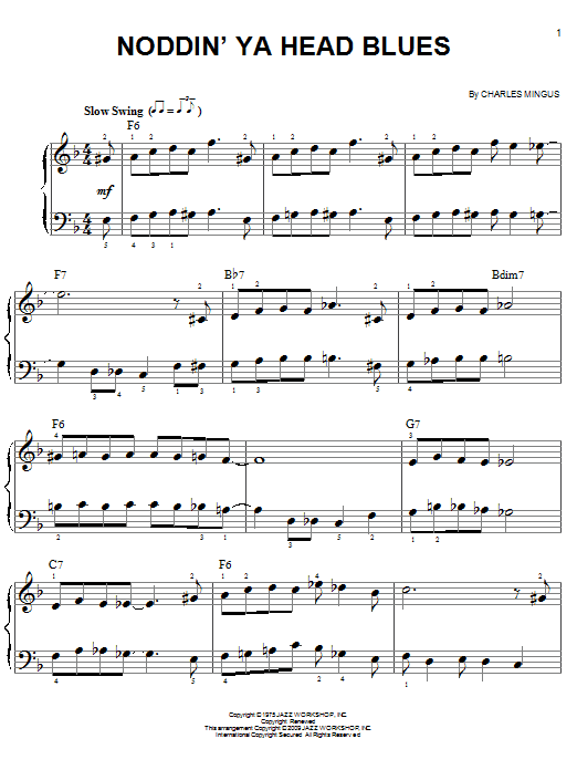 Charles Mingus Noddin' Ya Head Blues sheet music notes and chords arranged for Easy Piano