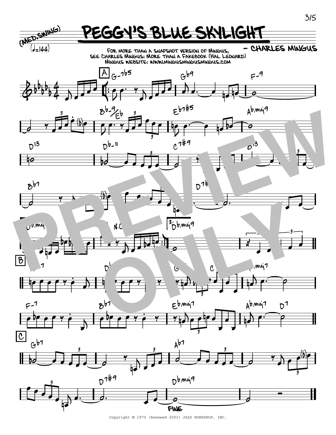 Charles Mingus Peggy's Blue Skylight [Reharmonized version] (arr. Jack Grassel) sheet music notes and chords arranged for Real Book – Melody & Chords