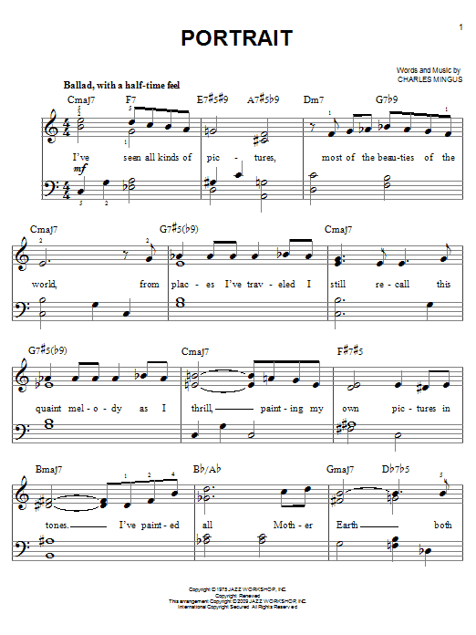 Charles Mingus Portrait sheet music notes and chords arranged for Easy Piano