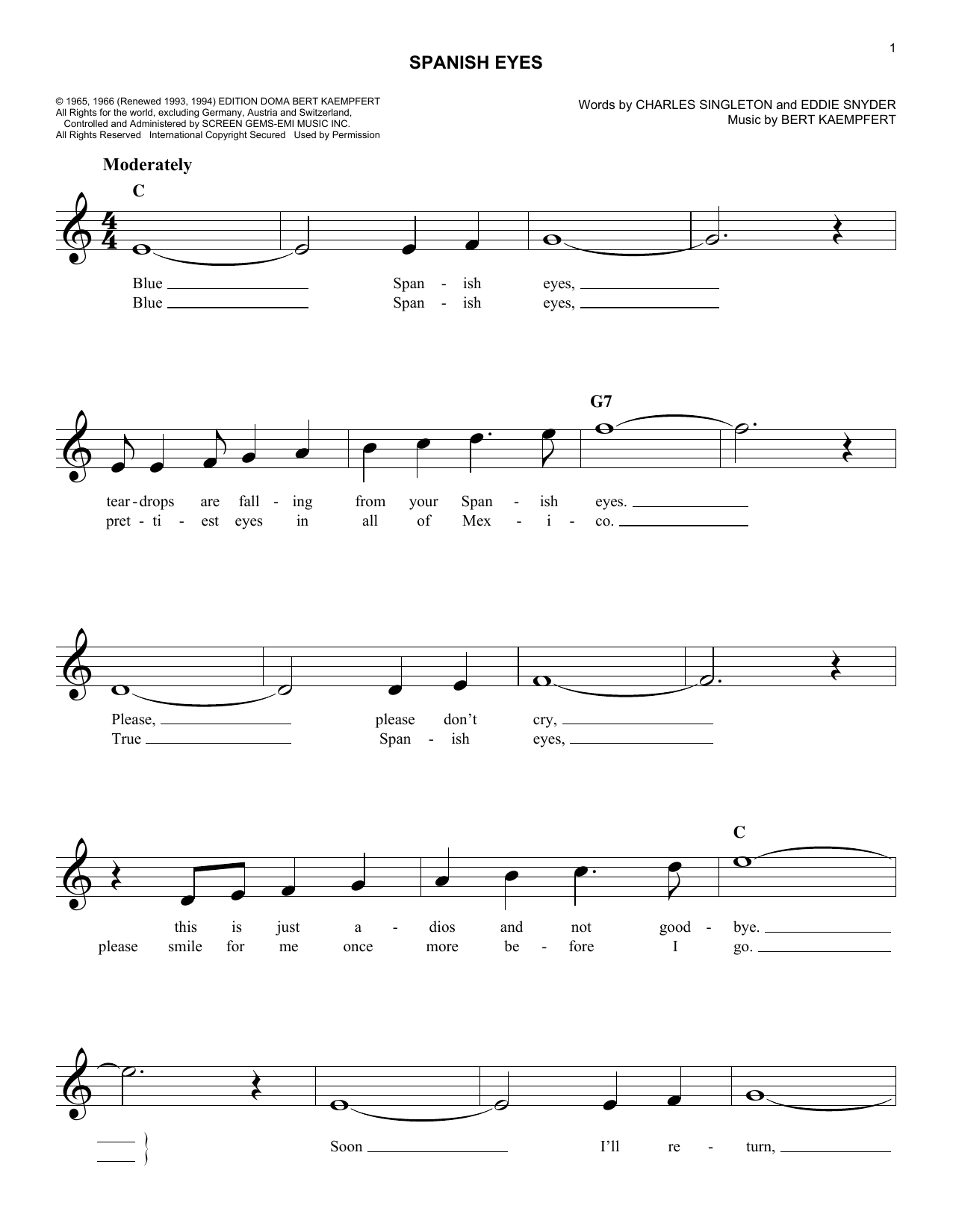Charles Singleton Spanish Eyes sheet music notes and chords arranged for Easy Lead Sheet / Fake Book
