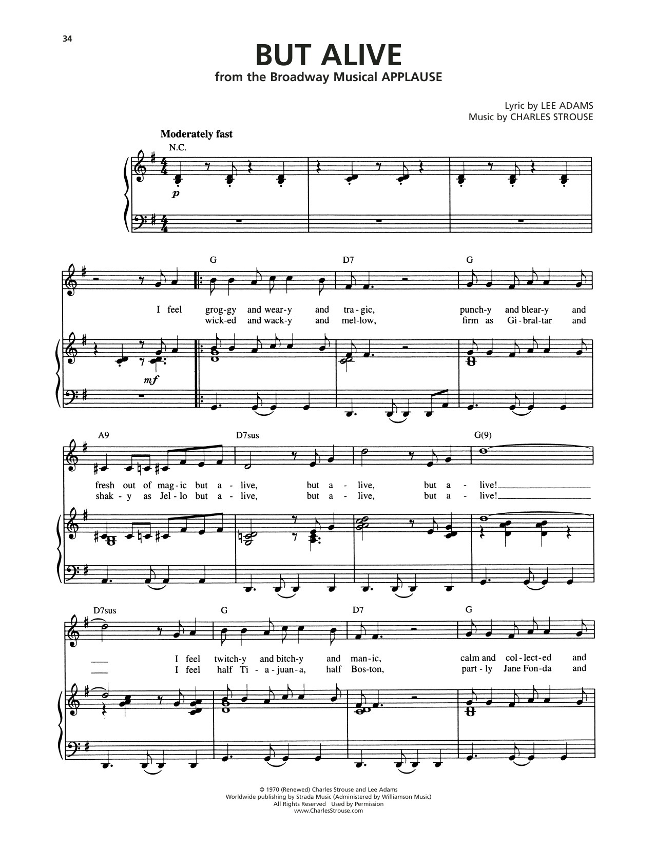 Charles Strouse But Alive (from Applause) sheet music notes and chords arranged for Piano, Vocal & Guitar Chords (Right-Hand Melody)