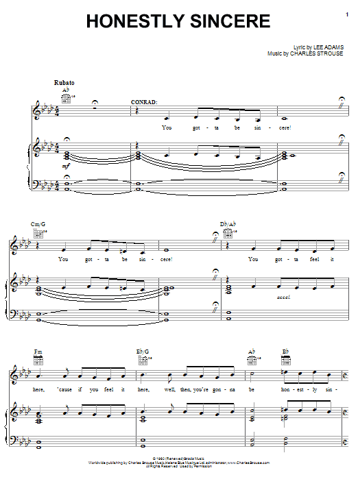 Charles Strouse Honestly Sincere sheet music notes and chords arranged for Piano, Vocal & Guitar Chords (Right-Hand Melody)