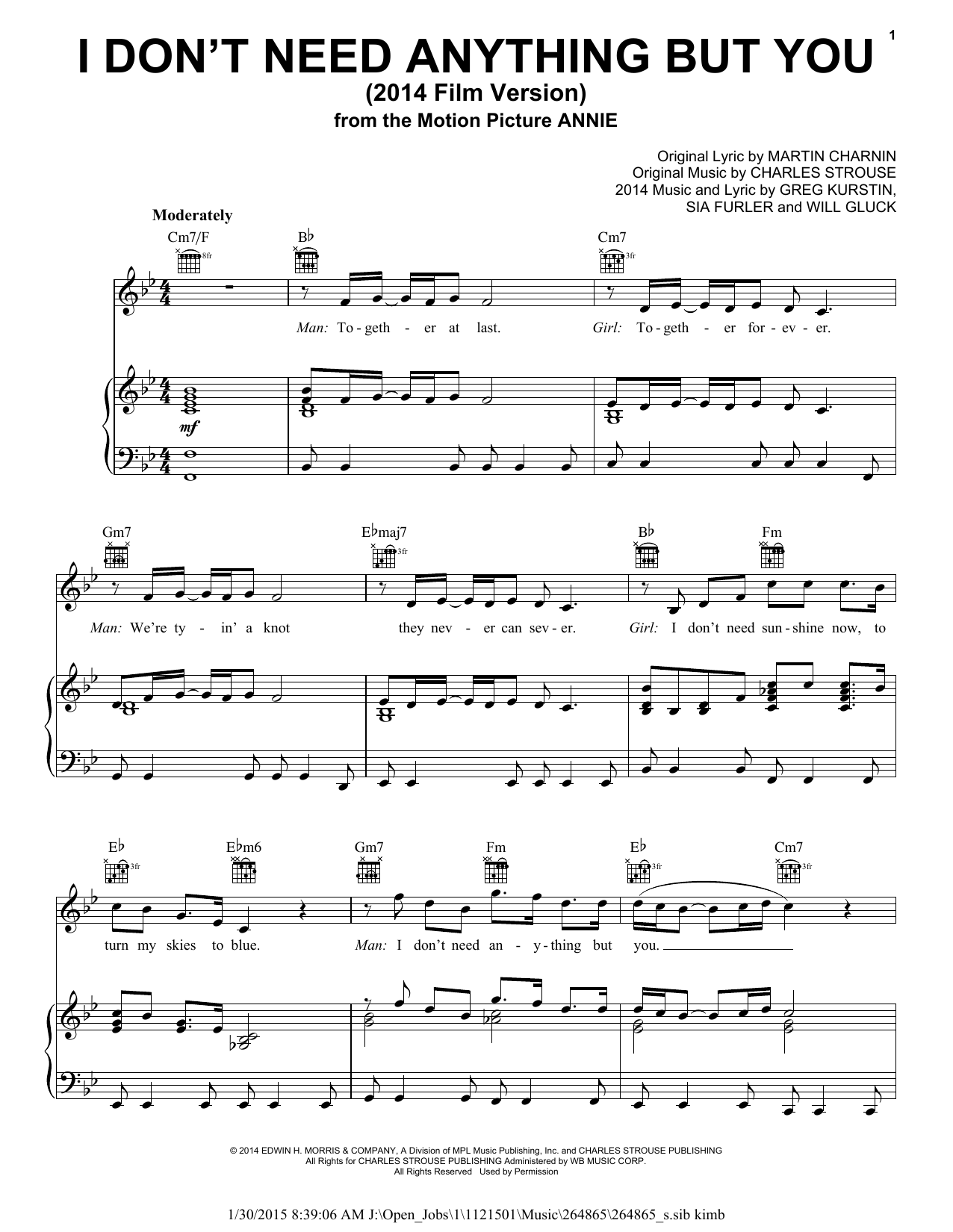 Charles Strouse I Don't Need Anything But You (2014 Film Version) sheet music notes and chords arranged for Piano, Vocal & Guitar Chords (Right-Hand Melody)
