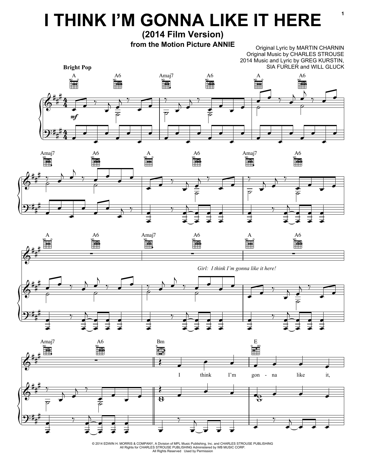 Charles Strouse I Think I'm Gonna Like It Here (2014 Film Version) sheet music notes and chords arranged for Piano, Vocal & Guitar Chords (Right-Hand Melody)