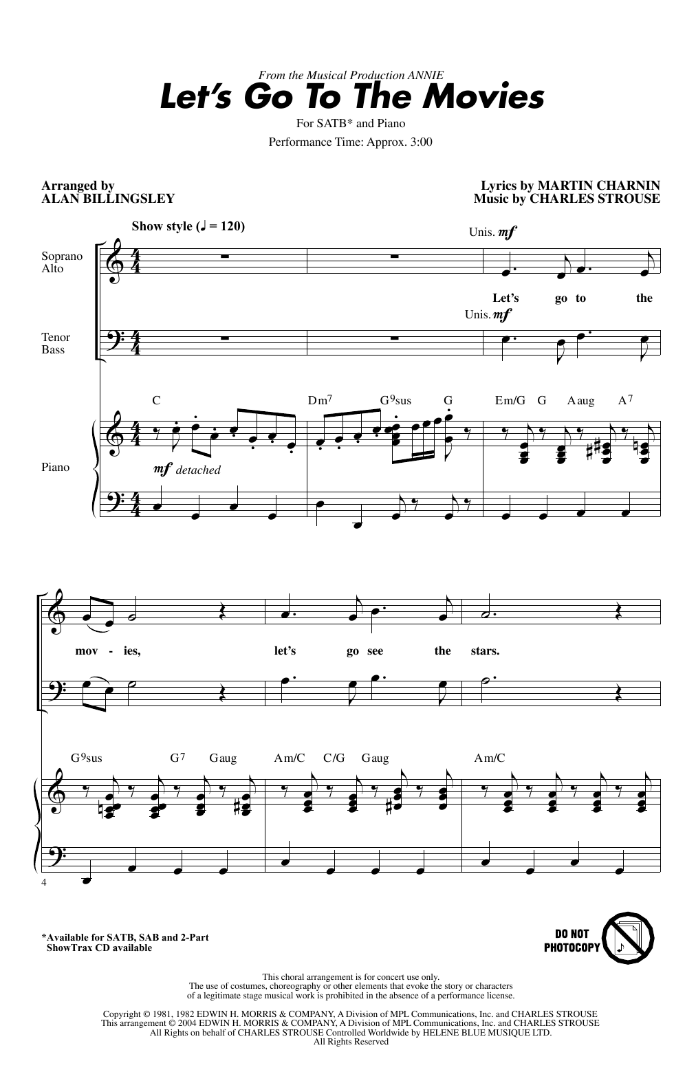 Charles Strouse Let's Go To The Movies (from Annie) (arr. Alan Billingsley) sheet music notes and chords arranged for SAB Choir