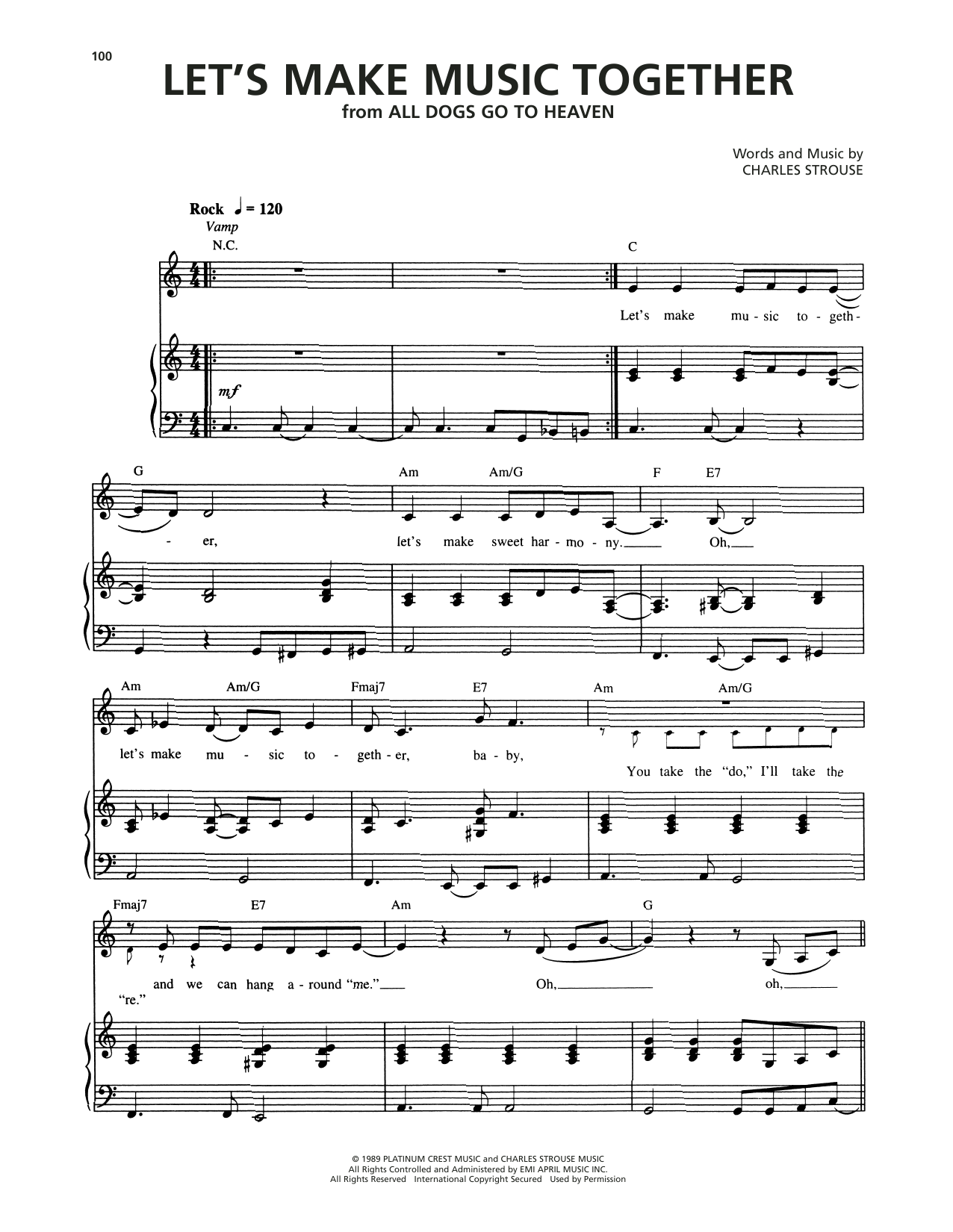 Charles Strouse Let's Make Music Together (from All Dogs Go To Heaven) sheet music notes and chords arranged for Piano & Vocal