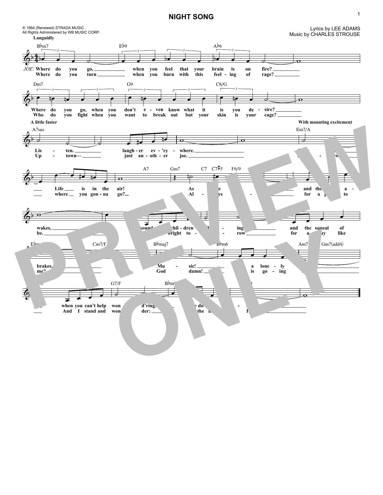 Charles Strouse Night Song (from Golden Boy) (abridged) sheet music notes and chords arranged for Lead Sheet / Fake Book