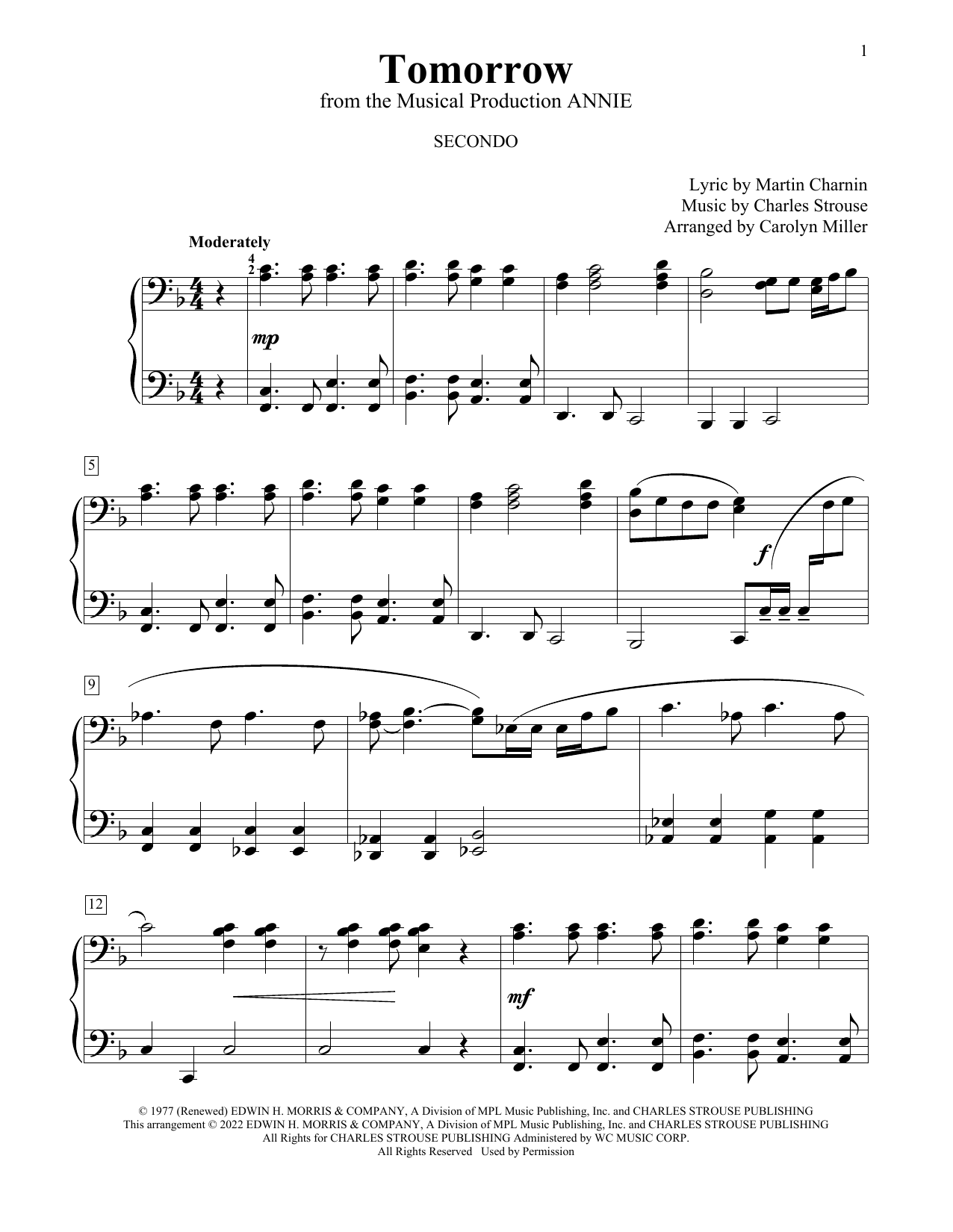 Charles Strouse Tomorrow (from Annie) (arr. Carolyn Miller) sheet music notes and chords arranged for Piano Duet