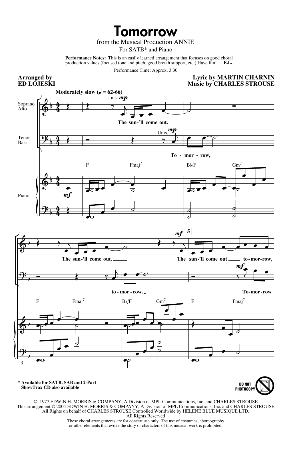 Charles Strouse Tomorrow (from Annie) (arr. Ed Lojeski) sheet music notes and chords arranged for SAB Choir