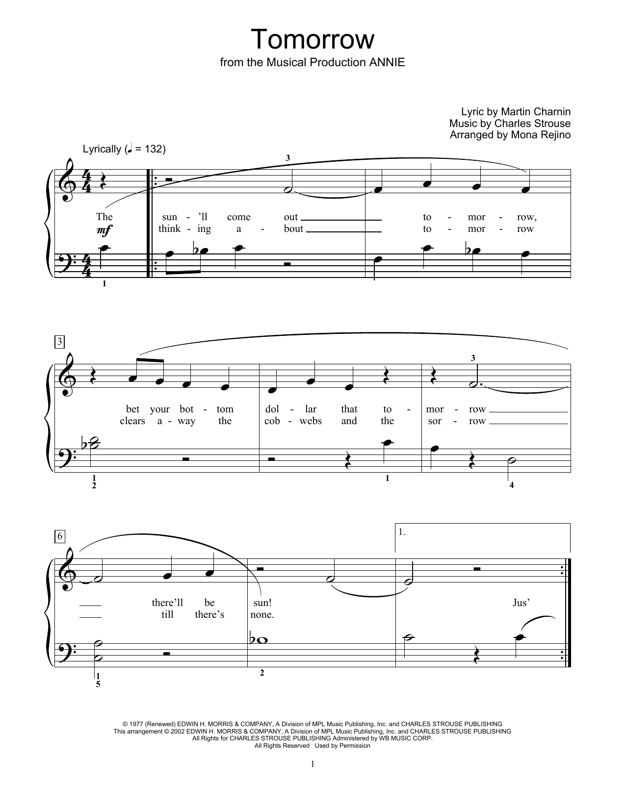 Charles Strouse Tomorrow (from Annie) (arr. Mona Rejino) sheet music notes and chords arranged for Educational Piano
