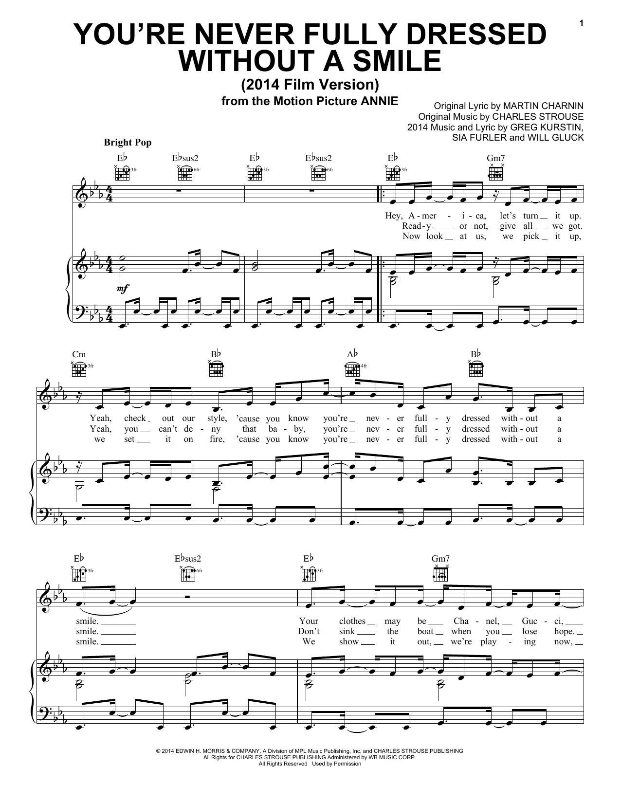 Charles Strouse You're Never Fully Dressed Without A Smile (2014 Film Version) sheet music notes and chords arranged for Piano, Vocal & Guitar Chords (Right-Hand Melody)