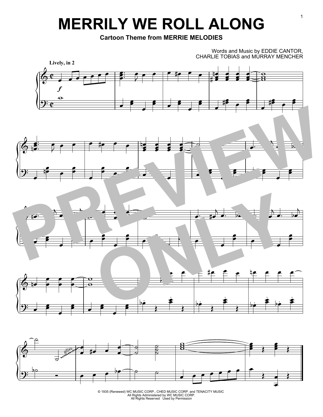 Charles Tobias, Eddie Cantor & Murray Mencher Merrily We Roll Along (from Looney Tunes) sheet music notes and chords arranged for Piano Solo