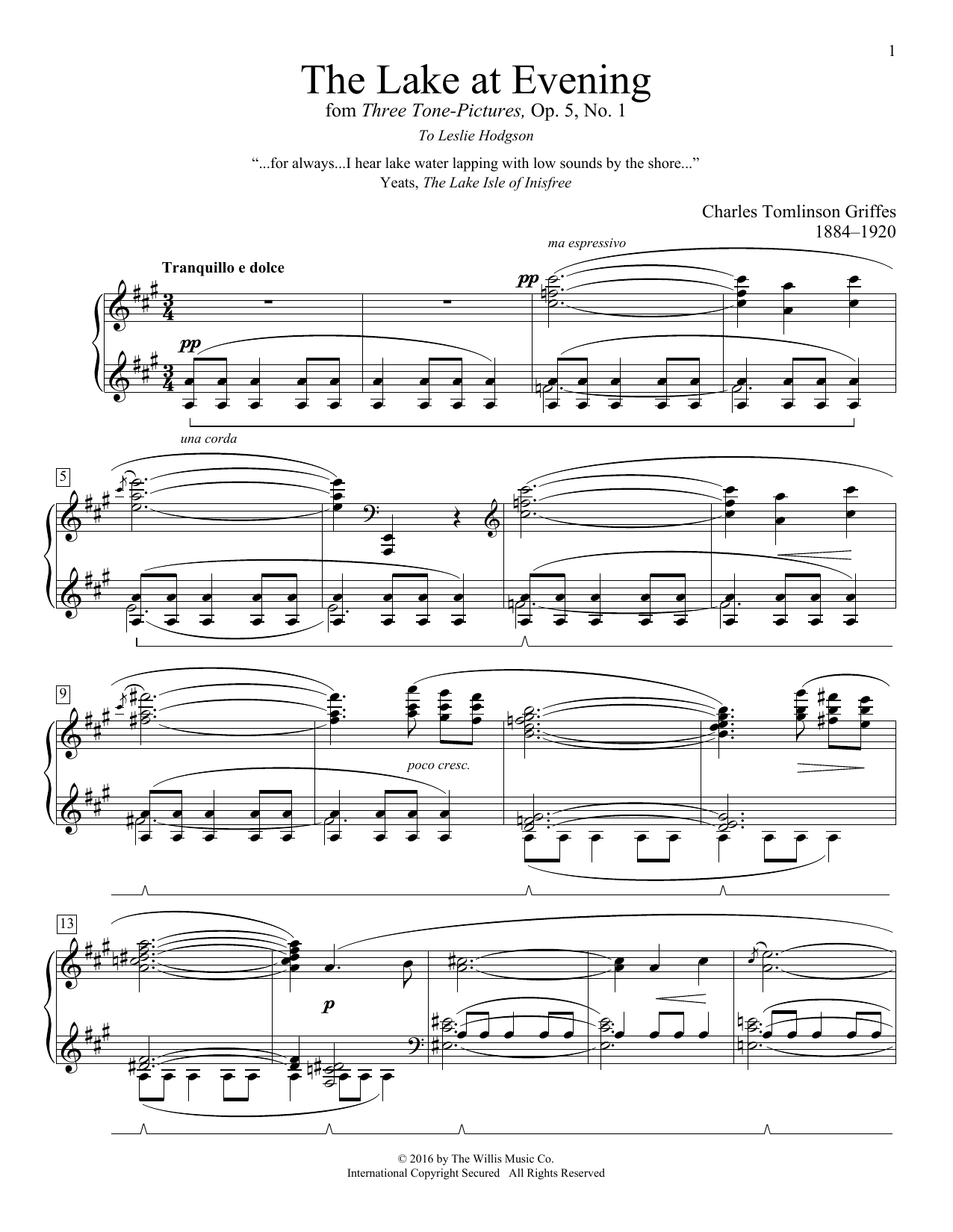 Charles Tomlinson Griffes The Lake At Evening sheet music notes and chords arranged for Educational Piano