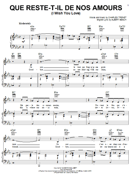 Charles Trenet Que Reste-T-Il De Nos Amours (I Wish You Love) sheet music notes and chords arranged for Piano, Vocal & Guitar Chords (Right-Hand Melody)