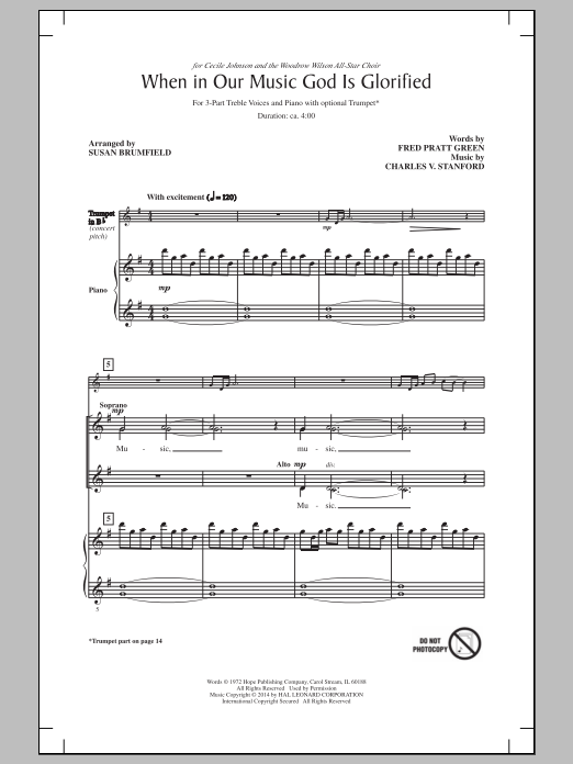 Charles Villiers Stanford When In Our Music God Is Glorified (arr. Susan Brumfield) sheet music notes and chords arranged for 3-Part Treble Choir