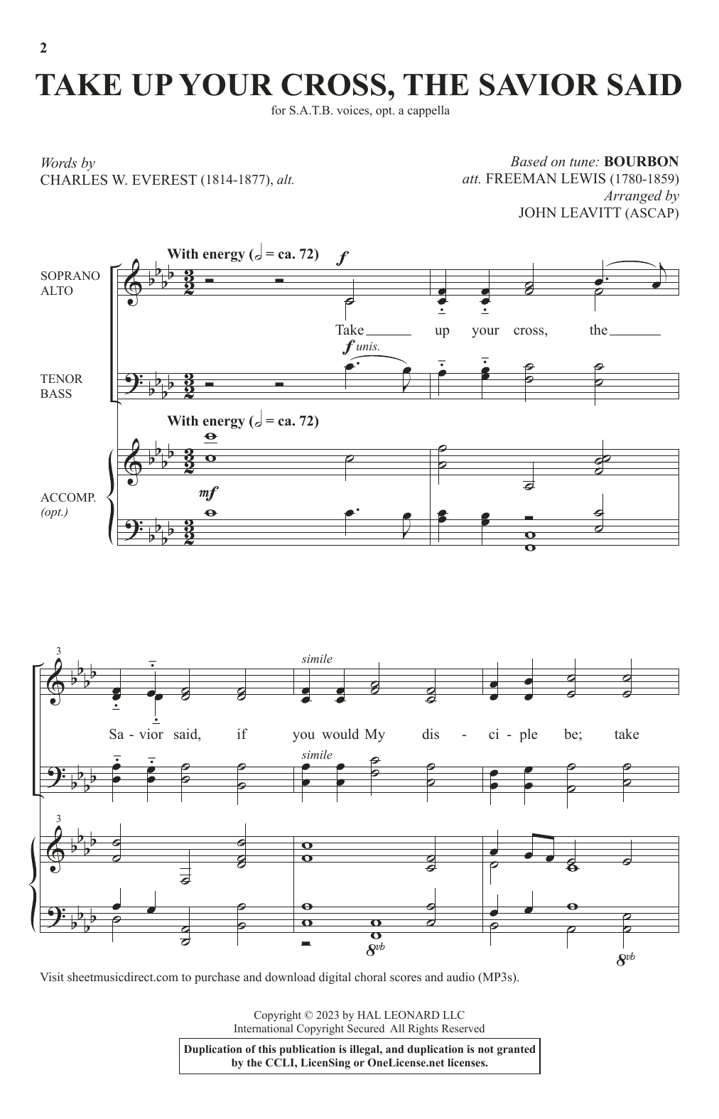Charles W. Everest, alt. Take Up Your Cross, The Savior Said (arr. John Leavitt) sheet music notes and chords arranged for SATB Choir