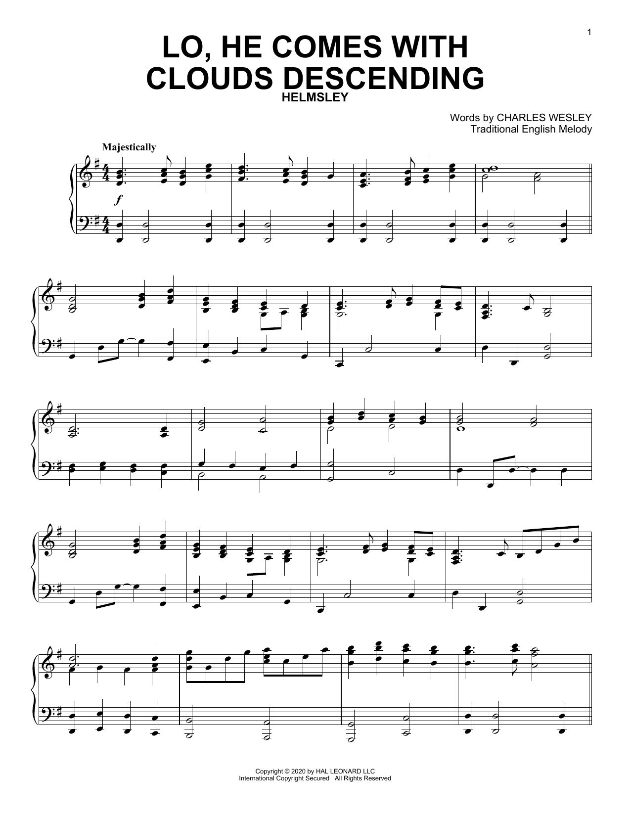 Charles Wesley Lo, He Comes With Clouds Descending sheet music notes and chords arranged for Piano Solo
