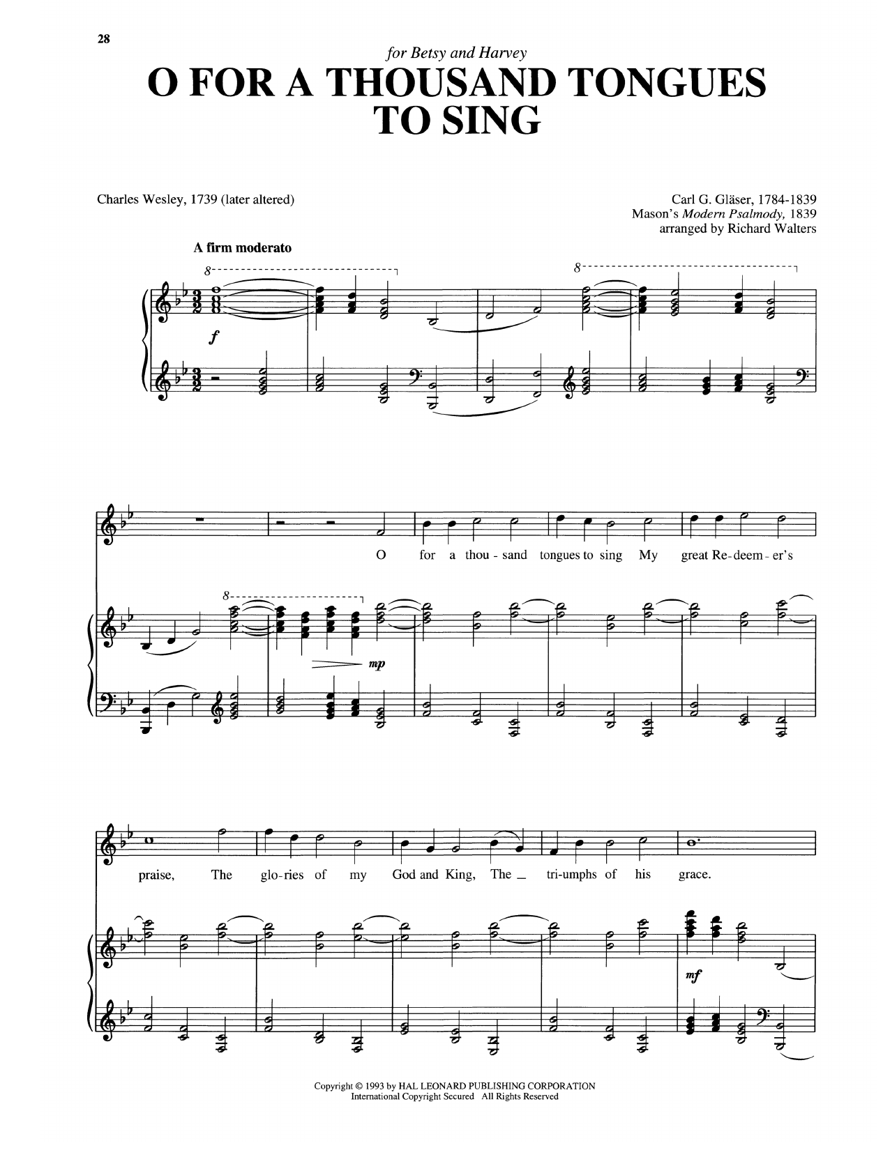 Charles Wesley O For A Thousand Tongues To Sing (arr. Richard Walters) sheet music notes and chords arranged for Piano & Vocal