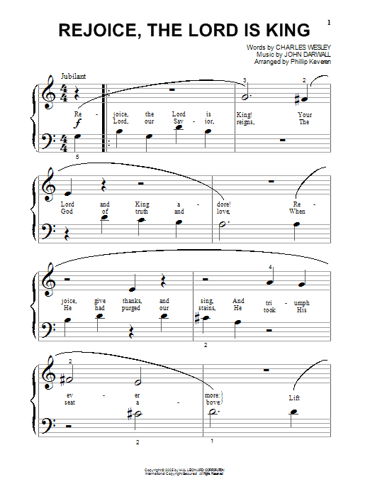 Charles Wesley Rejoice, The Lord Is King (arr. Phillip Keveren) sheet music notes and chords arranged for Piano Duet