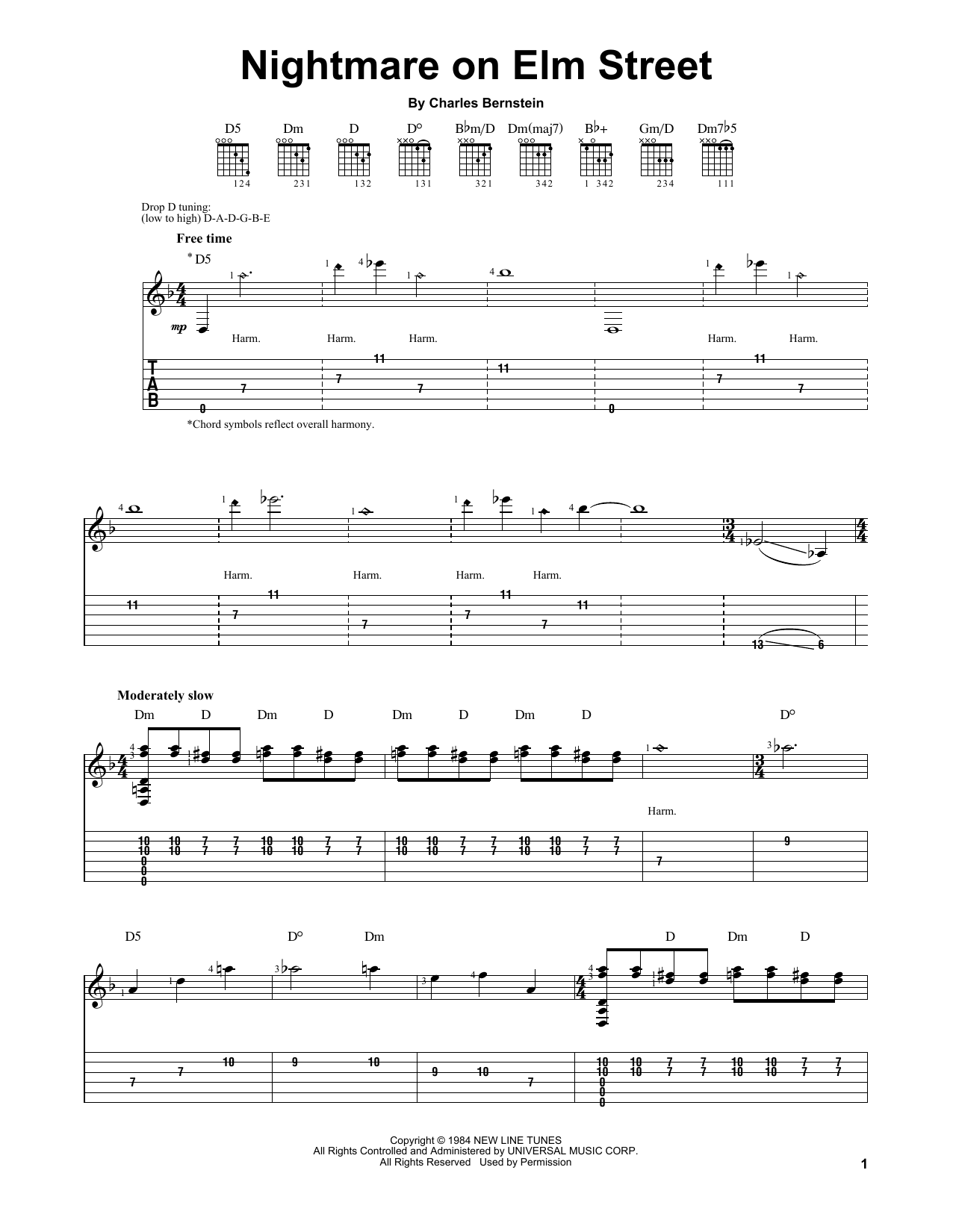Charles Bernstein Nightmare On Elm Street sheet music notes and chords arranged for Easy Guitar Tab