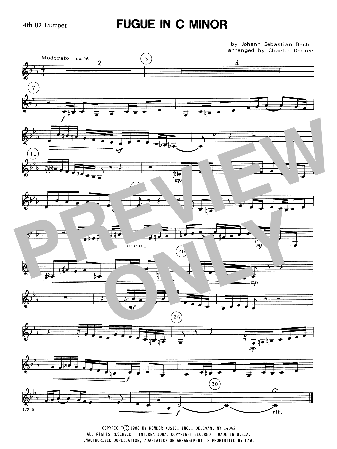 Charles Decker Fugue In C Minor - 4th Bb Trumpet sheet music notes and chords. Download Printable PDF.