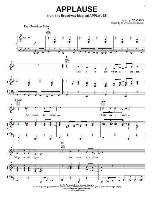 Charles Strouse Applause sheet music notes and chords arranged for Piano, Vocal & Guitar Chords (Right-Hand Melody)