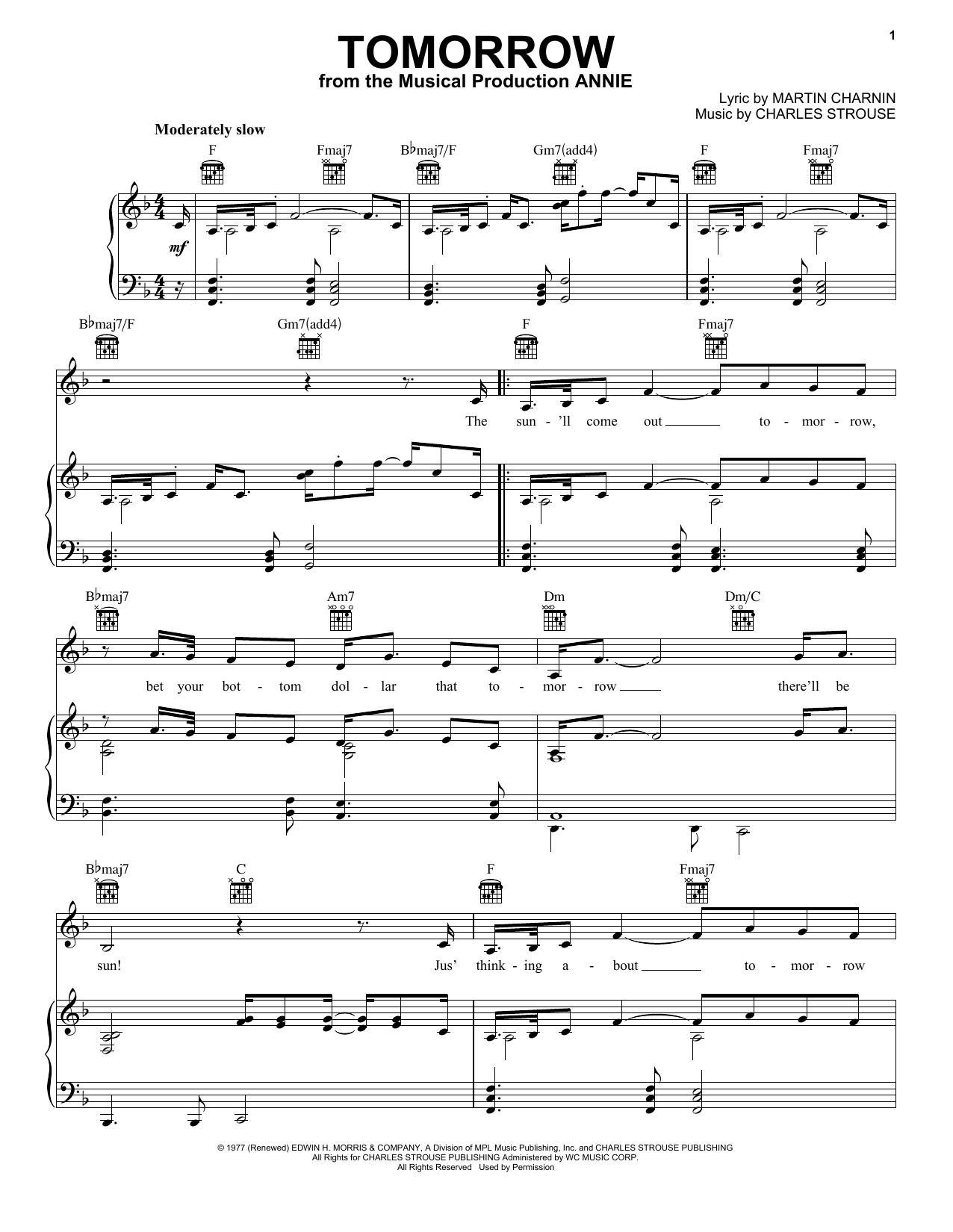Charles Strouse Tomorrow sheet music notes and chords arranged for Piano, Vocal & Guitar Chords (Right-Hand Melody)