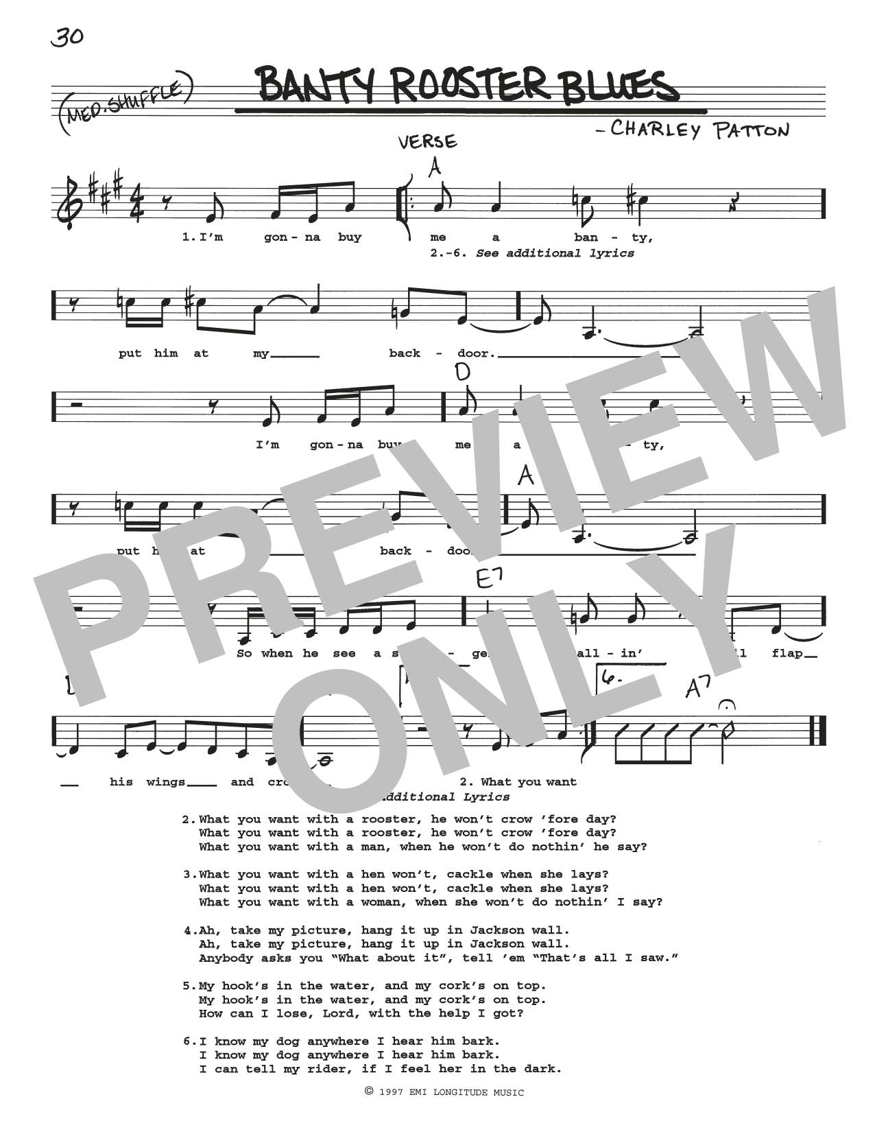 Charley Patton Banty Rooster Blues sheet music notes and chords arranged for Real Book – Melody, Lyrics & Chords