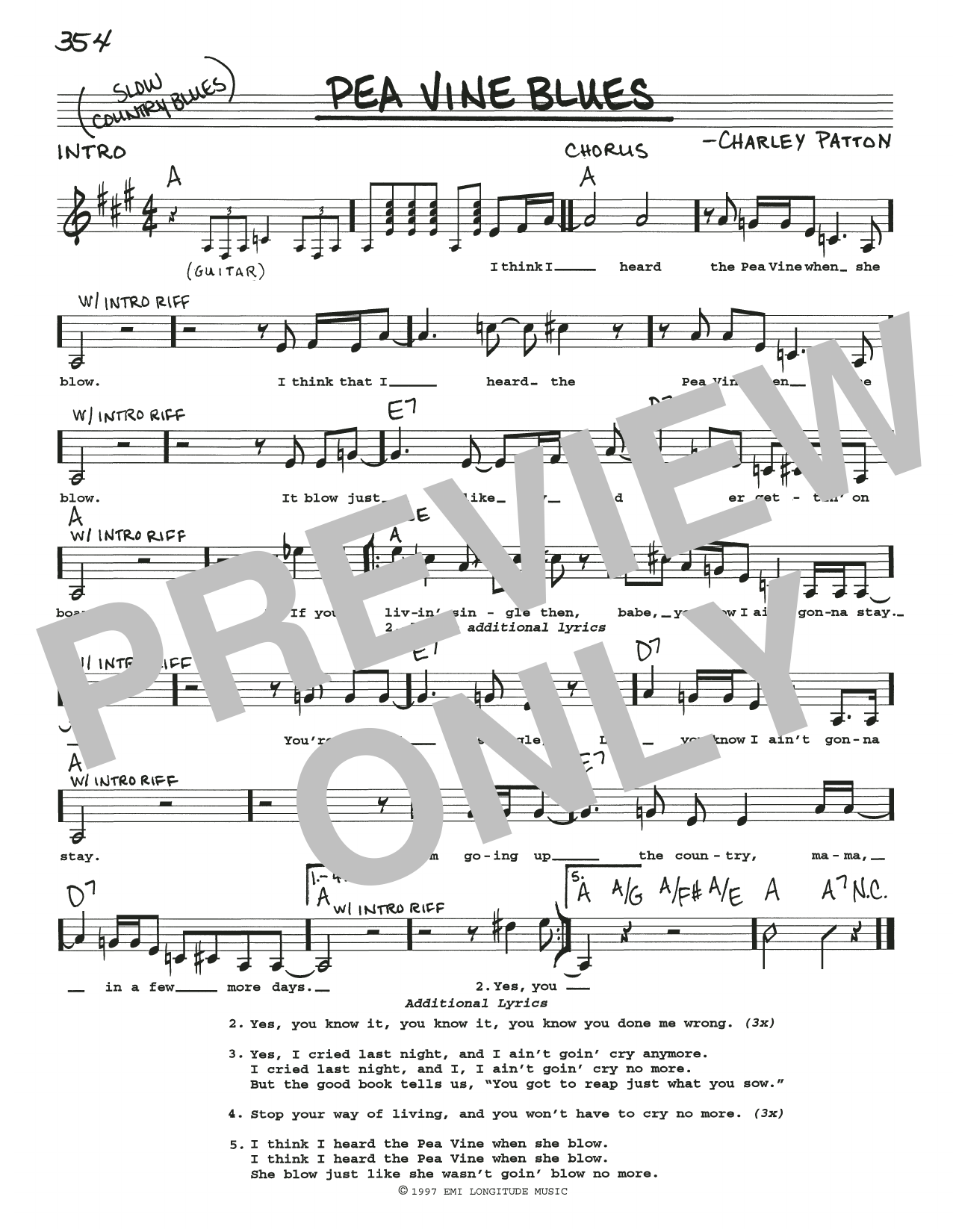 Charley Patton Pea Vine Blues sheet music notes and chords arranged for Real Book – Melody, Lyrics & Chords