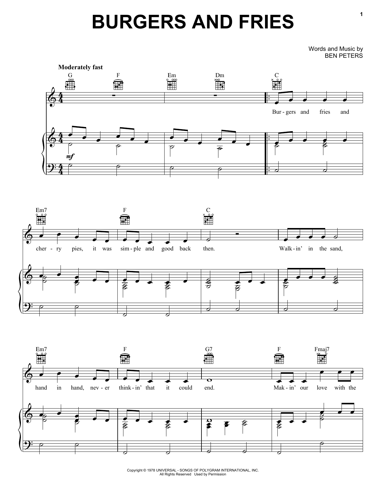 Charley Pride Burgers And Fries sheet music notes and chords arranged for Piano, Vocal & Guitar Chords (Right-Hand Melody)