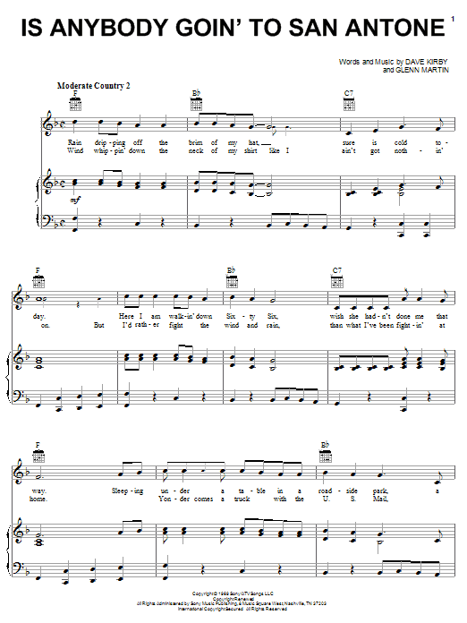 Charley Pride Is Anybody Goin' To San Antone sheet music notes and chords arranged for Piano, Vocal & Guitar Chords (Right-Hand Melody)