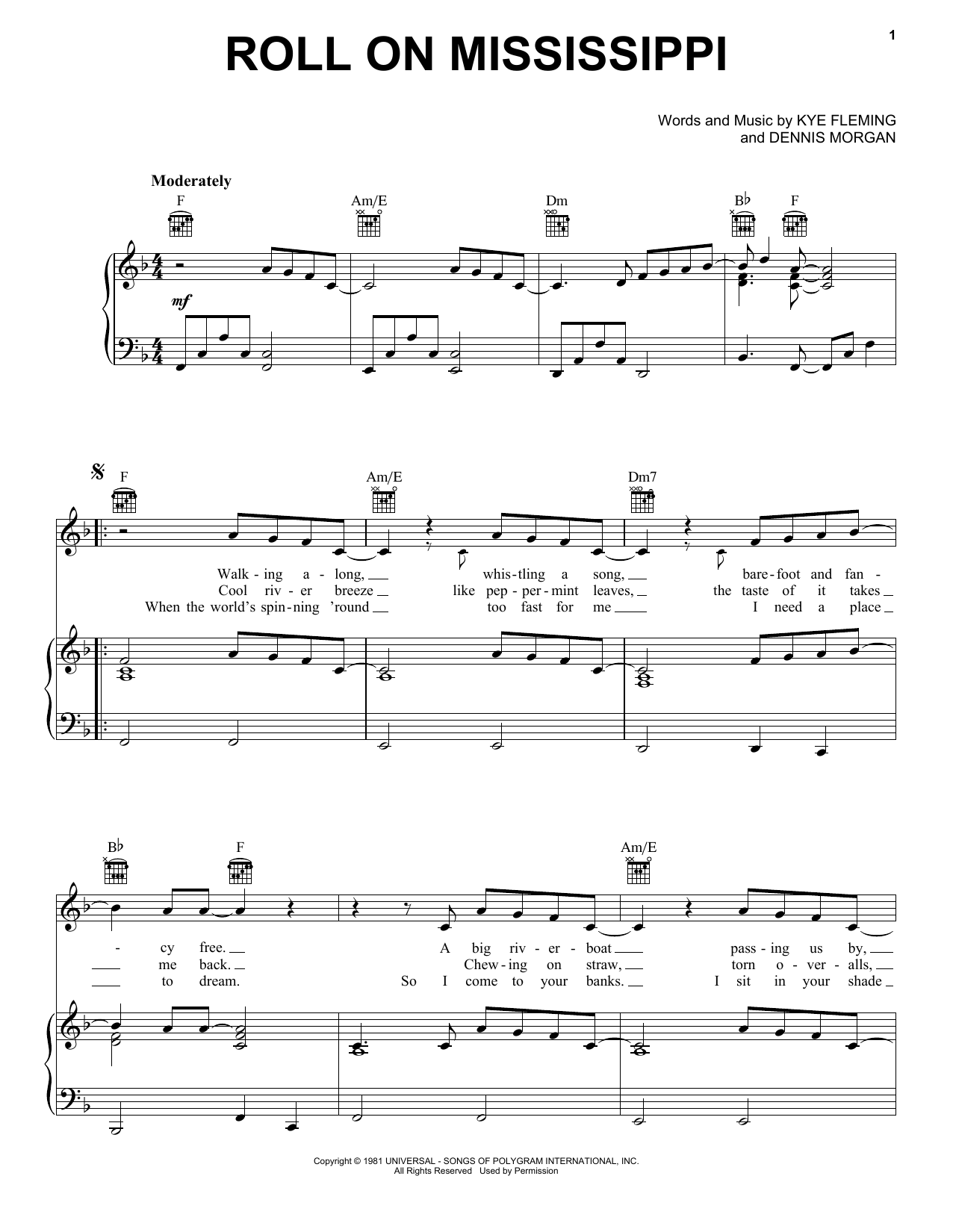 Charley Pride Roll On Mississippi sheet music notes and chords arranged for Piano, Vocal & Guitar Chords (Right-Hand Melody)