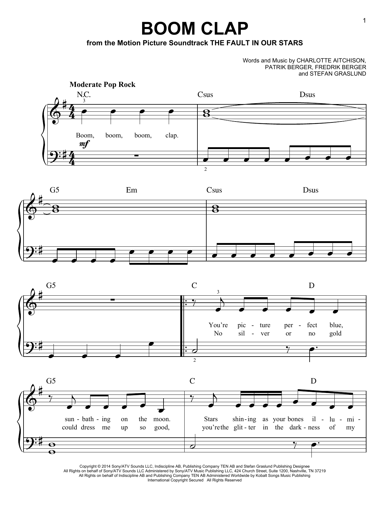 Charli XCX Boom Clap sheet music notes and chords arranged for Easy Piano