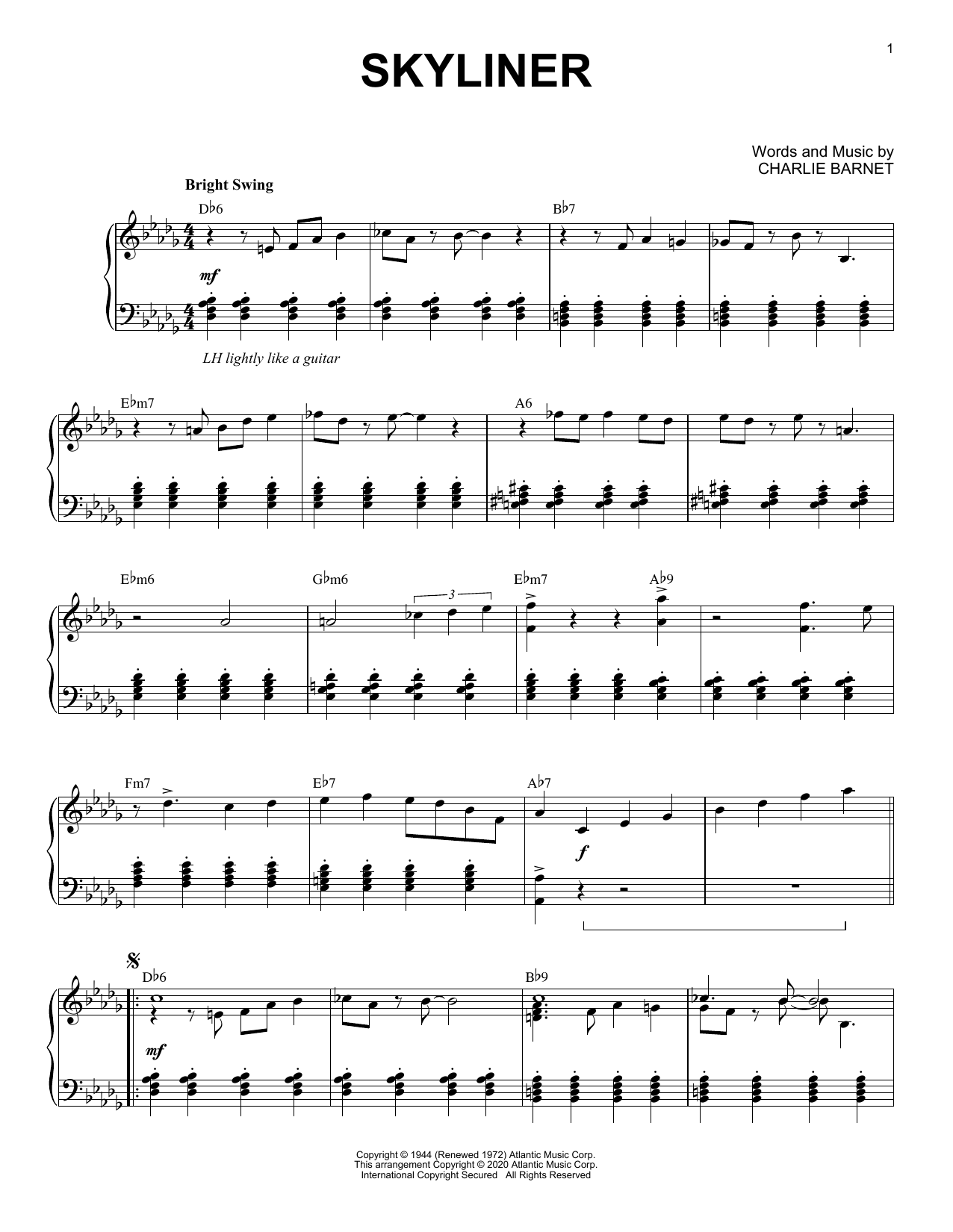 Charlie Barnet Skyliner [Jazz version] (arr. Brent Edstrom) sheet music notes and chords arranged for Piano Solo