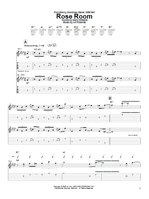 Charlie Christian Rose Room sheet music notes and chords arranged for Electric Guitar Transcription