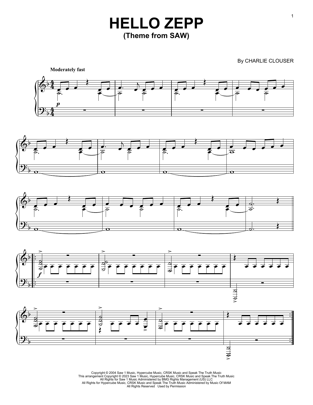 Charlie Clouser Hello Zepp (Theme From Saw) sheet music notes and chords arranged for Piano Solo