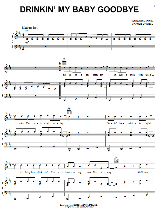 Charlie Daniels Band Drinkin' My Baby Goodbye sheet music notes and chords arranged for Piano, Vocal & Guitar Chords (Right-Hand Melody)