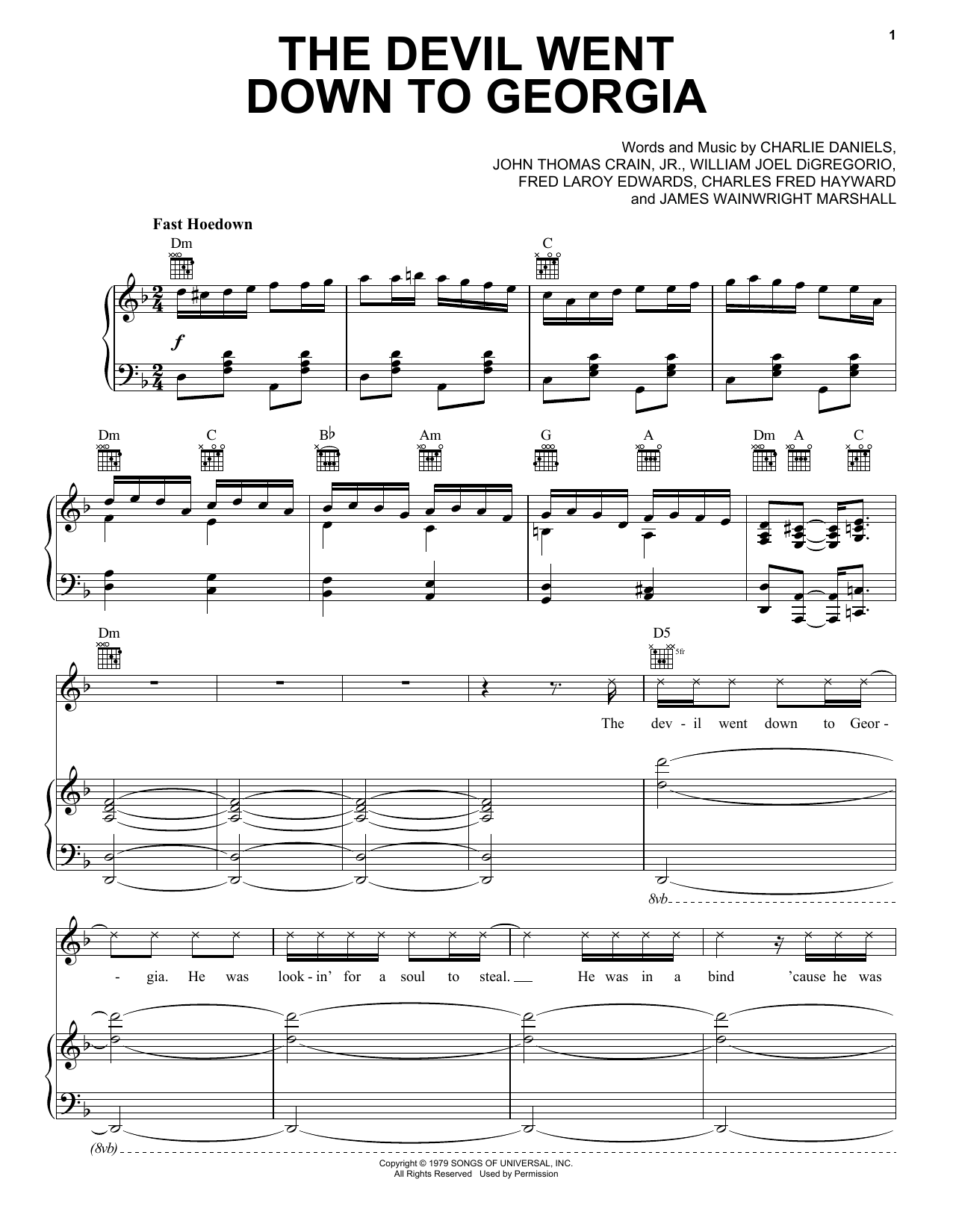 Charlie Daniels Band The Devil Went Down To Georgia sheet music notes and chords arranged for Piano, Vocal & Guitar Chords (Right-Hand Melody)