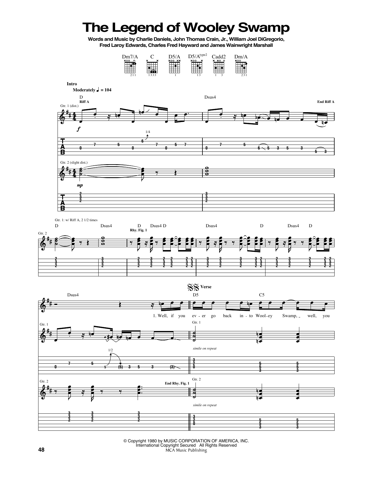 Charlie Daniels Band The Legend Of Wooley Swamp sheet music notes and chords arranged for Guitar Tab
