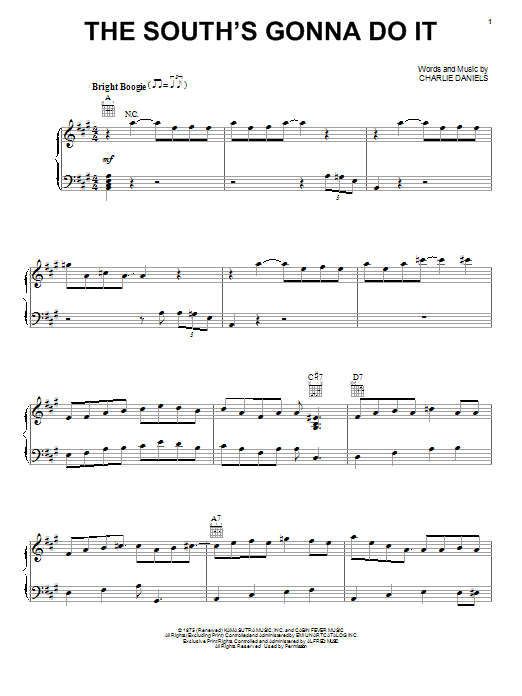 Charlie Daniels Band The South's Gonna Do It sheet music notes and chords arranged for Piano, Vocal & Guitar Chords (Right-Hand Melody)