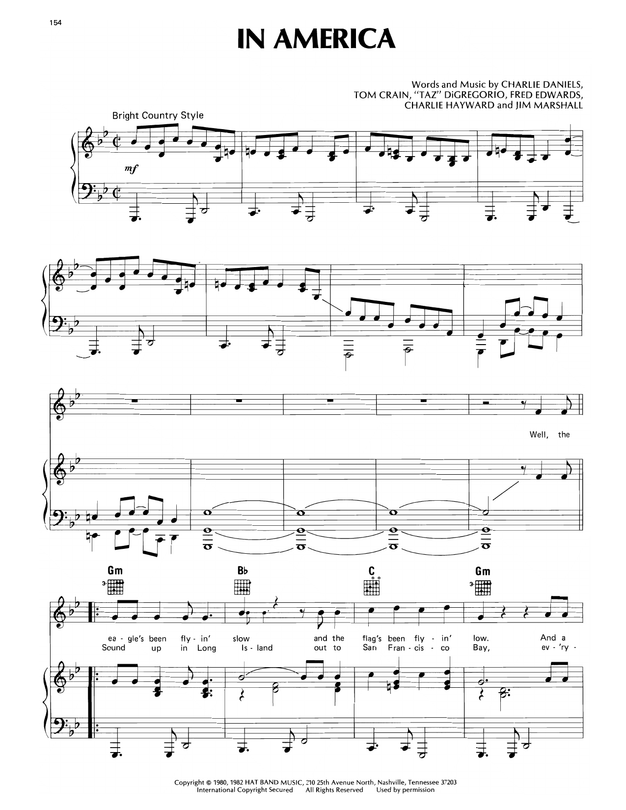 Charlie Daniels In America sheet music notes and chords arranged for Piano, Vocal & Guitar Chords (Right-Hand Melody)