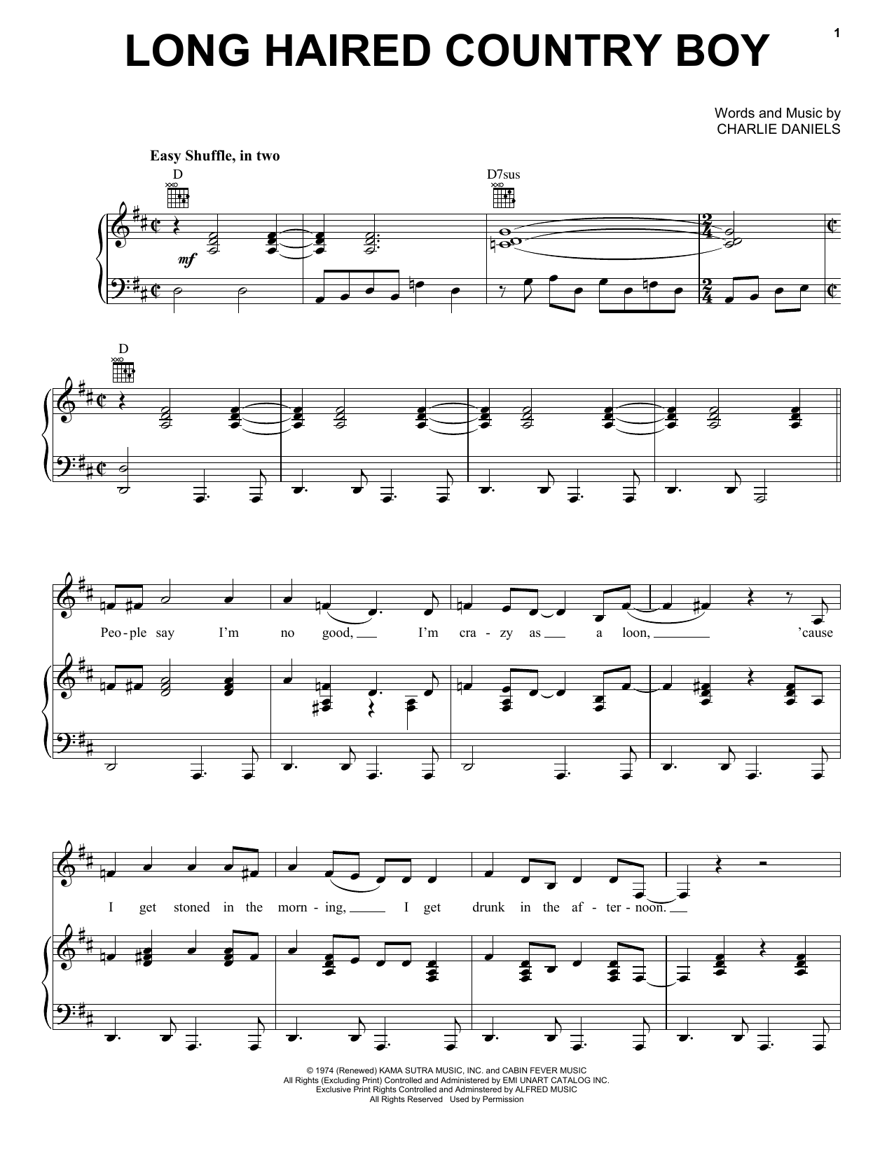 Charlie Daniels Long Haired Country Boy sheet music notes and chords arranged for Piano, Vocal & Guitar Chords (Right-Hand Melody)