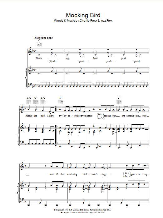 Charlie Foxx Mocking Bird sheet music notes and chords arranged for Piano, Vocal & Guitar Chords