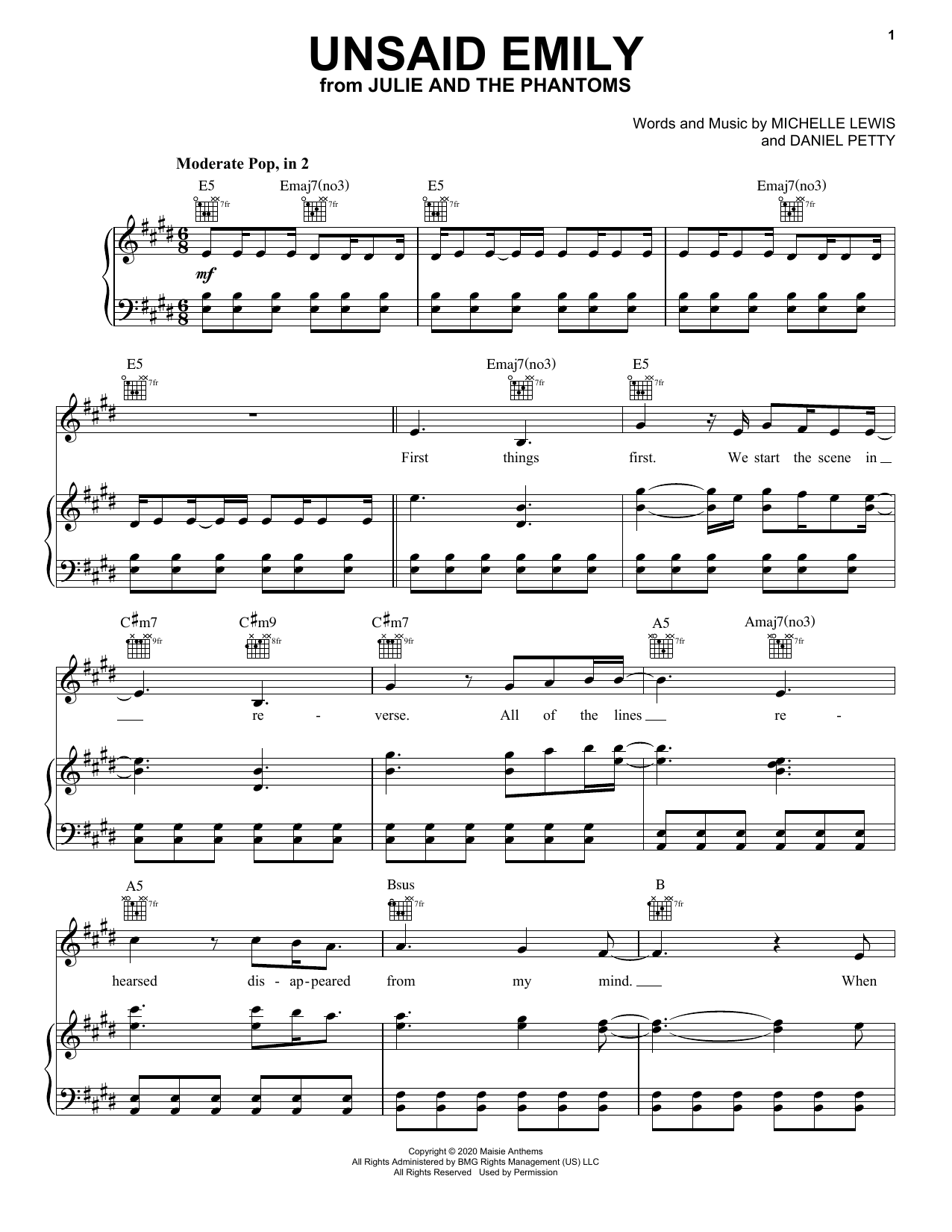 Charlie Gillespie Unsaid Emily (from Julie and the Phantoms) sheet music notes and chords arranged for Piano, Vocal & Guitar Chords (Right-Hand Melody)