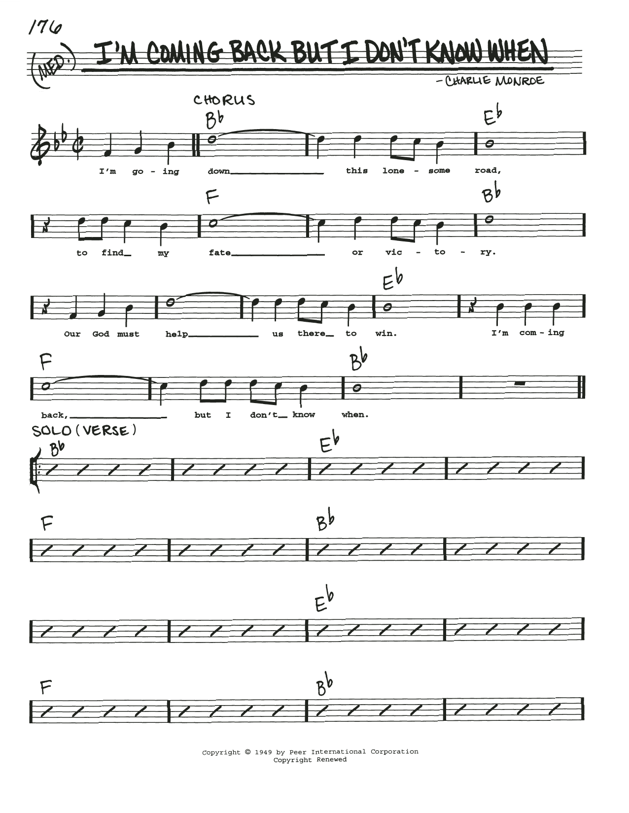 Charlie Monroe I'm Coming Back But I Don't Know When sheet music notes and chords arranged for Real Book – Melody, Lyrics & Chords